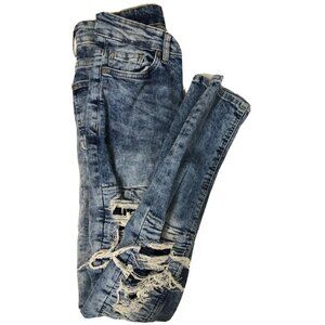 H and M Divided Women's 28x32 Blue Denim Jeans Skinny Leg Distressed Button Fly